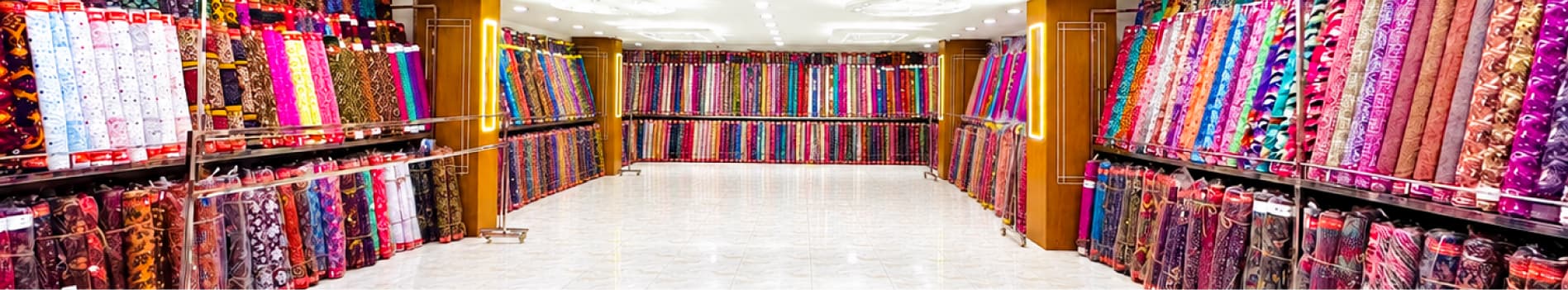 Printed fabric collection on showroom shelves